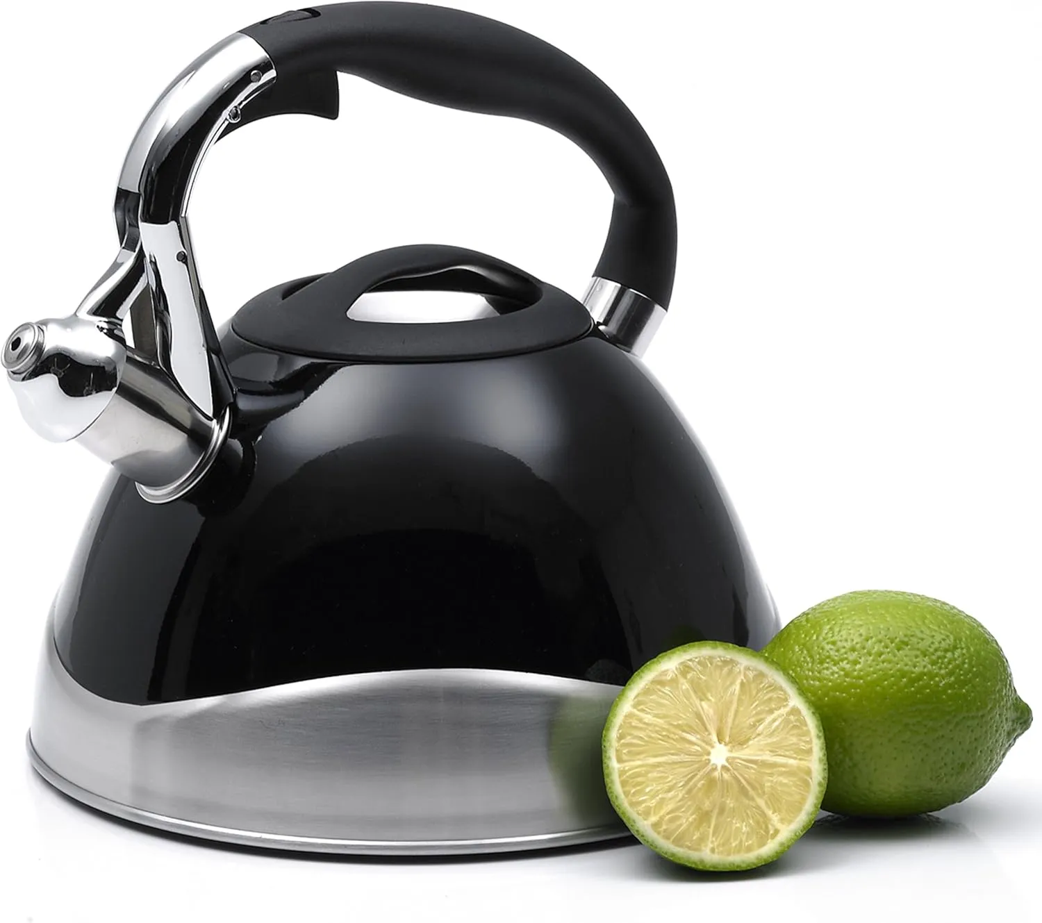 Creative Home Crescendo 3.1 Quart Stainless Steel Whistling Tea Kettle with Aluminum Capsulated Bottom for Even Heat Distribution, Black