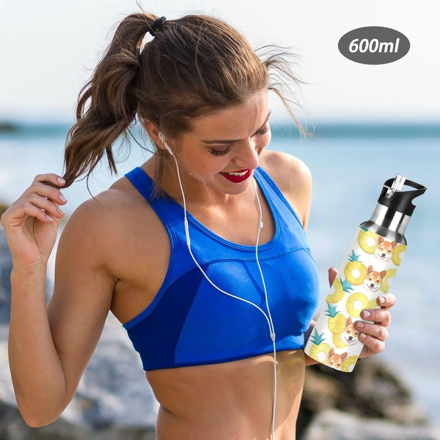 Cute Cartoon Dog Water Bottle with Straw Lid Double Wall Pineapple Slices Thermos Bottle Vacuum Insulated Flask Stainless Steel Water Bottle for Gym Outdoor 20 OZ