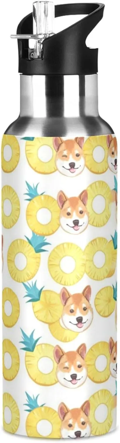 Cute Cartoon Dog Water Bottle with Straw Lid Double Wall Pineapple Slices Thermos Bottle Vacuum Insulated Flask Stainless Steel Water Bottle for Gym Outdoor 20 OZ
