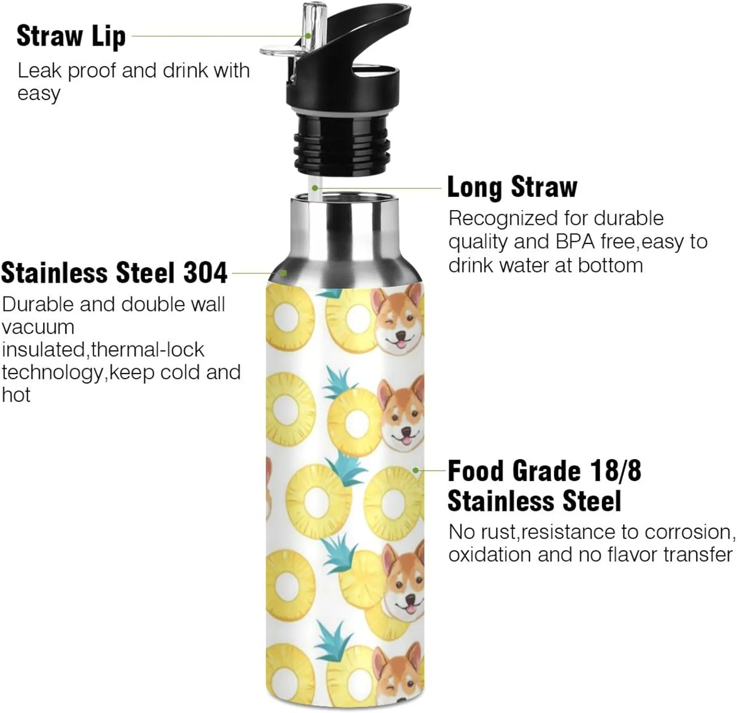 Cute Cartoon Dog Water Bottle with Straw Lid Double Wall Pineapple Slices Thermos Bottle Vacuum Insulated Flask Stainless Steel Water Bottle for Gym Outdoor 20 OZ
