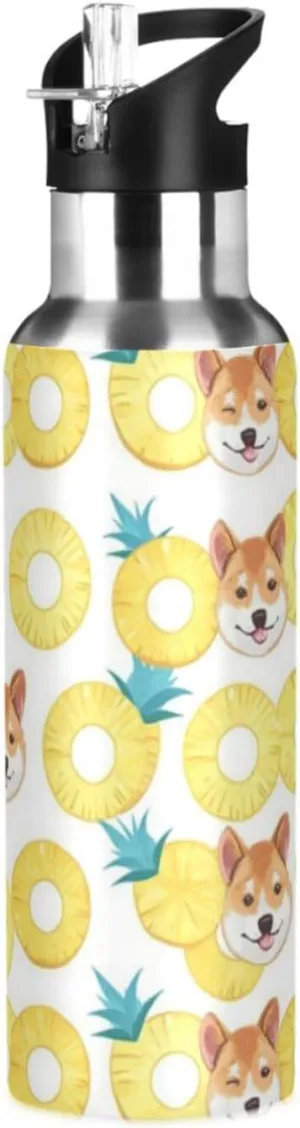 Cute Cartoon Dog Water Bottle with Straw Lid Double Wall Pineapple Slices Thermos Bottle Vacuum Insulated Flask Stainless Steel Water Bottle for Gym Outdoor 20 OZ