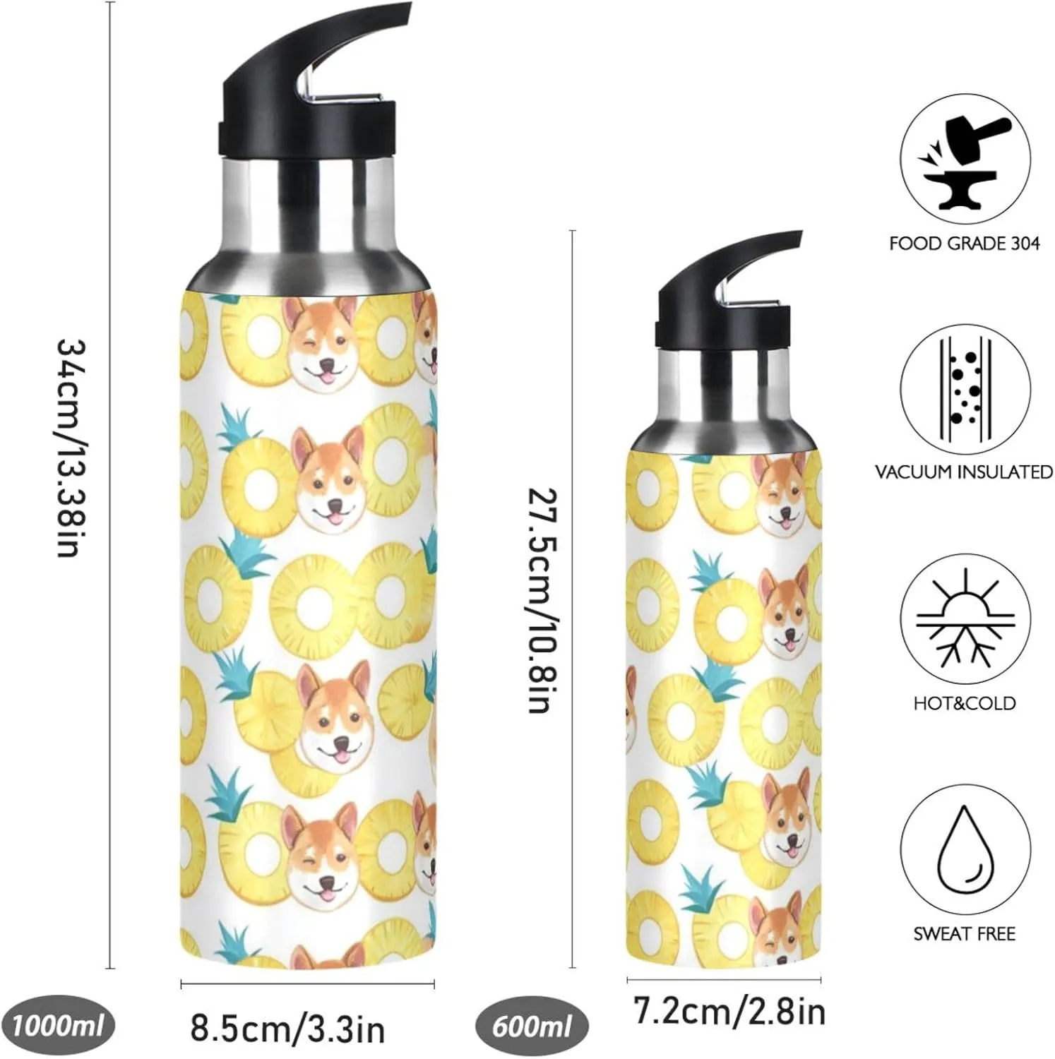 Cute Cartoon Dog Water Bottle with Straw Lid Double Wall Pineapple Slices Thermos Bottle Vacuum Insulated Flask Stainless Steel Water Bottle for Gym Outdoor 20 OZ
