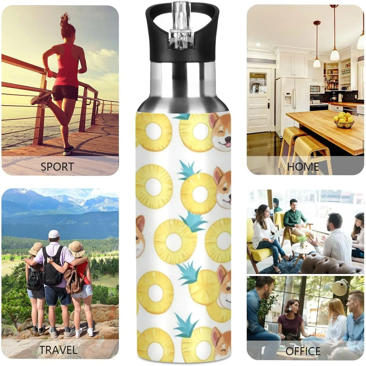 Cute Cartoon Dog Water Bottle with Straw Lid Double Wall Pineapple Slices Thermos Bottle Vacuum Insulated Flask Stainless Steel Water Bottle for Gym Outdoor 20 OZ
