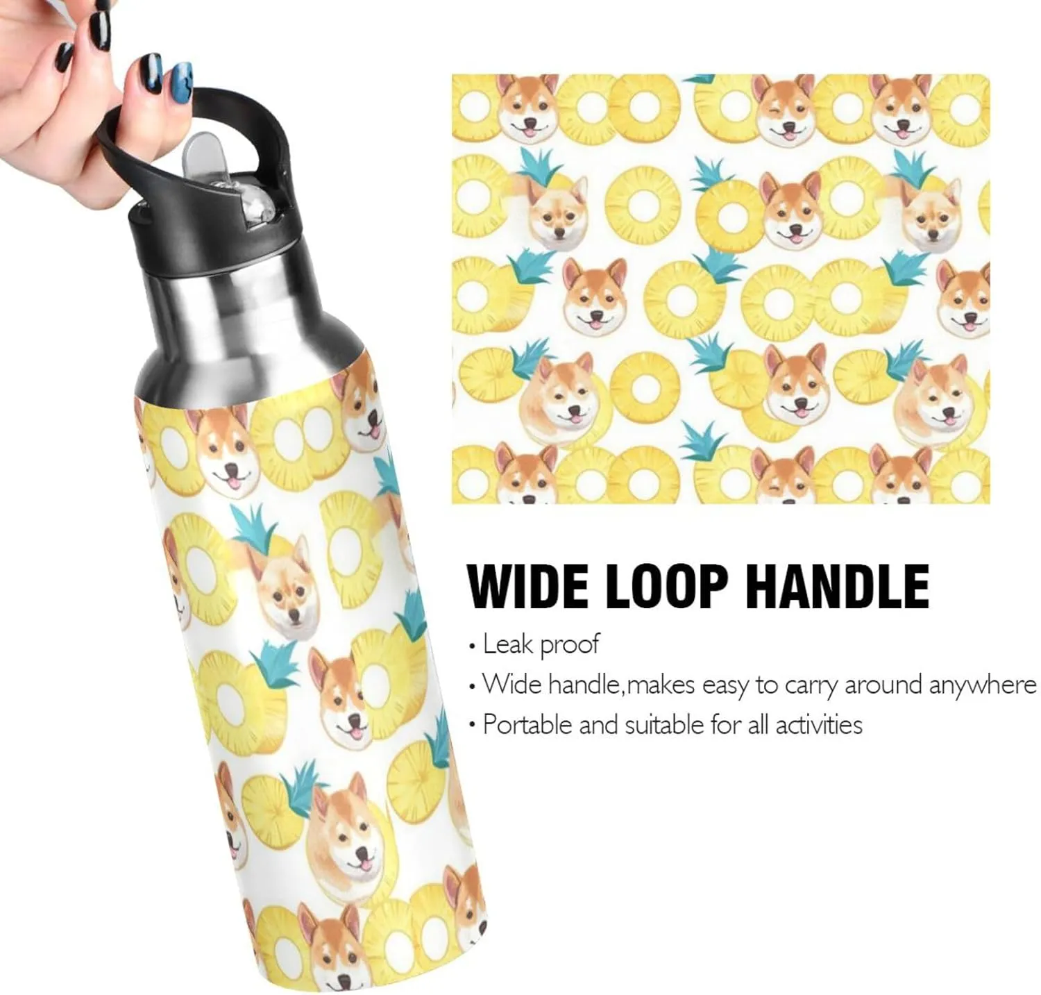 Cute Cartoon Dog Water Bottle with Straw Lid Double Wall Pineapple Slices Thermos Bottle Vacuum Insulated Flask Stainless Steel Water Bottle for Gym Outdoor 20 OZ