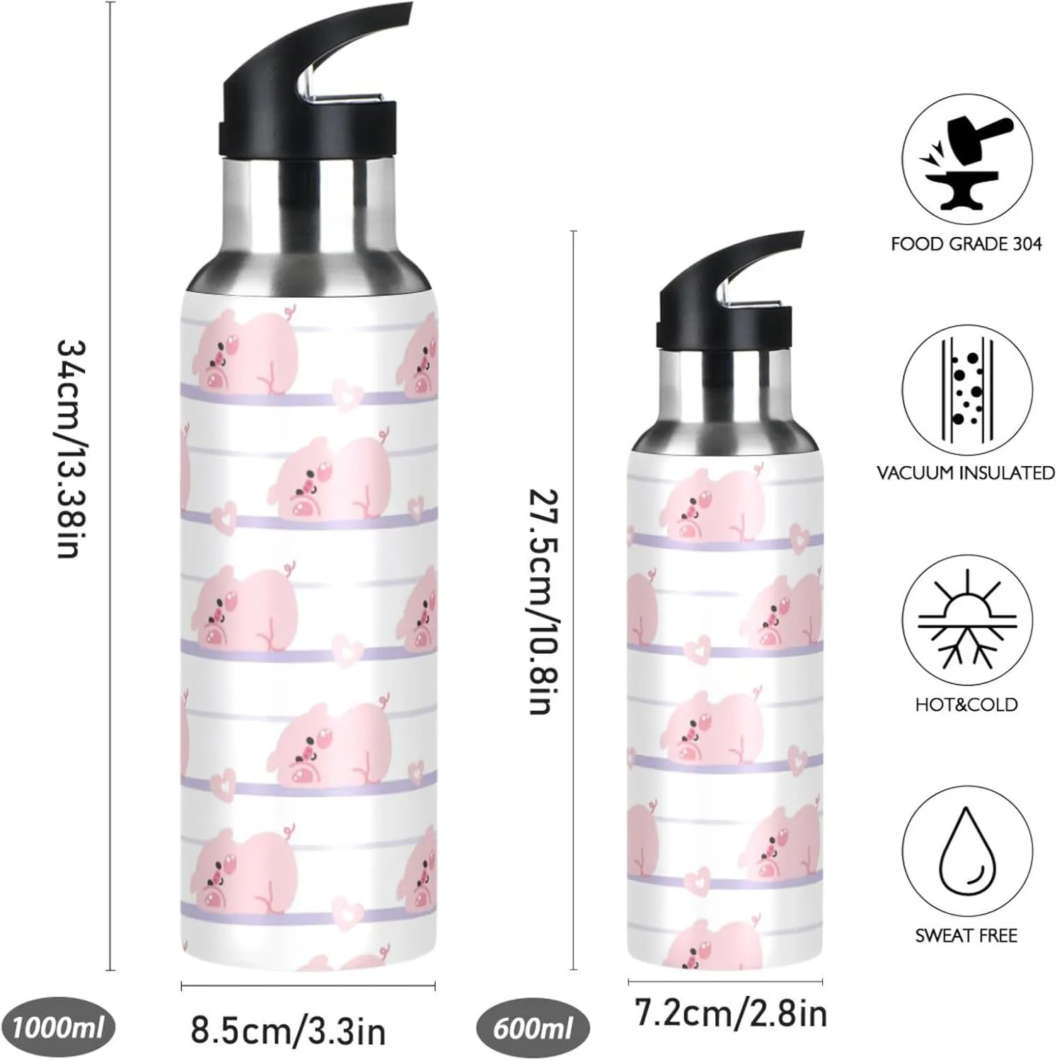 Cute Pig Heart Water Bottle with Straw Lid Double Wall Farm Animal Thermos Bottle Vacuum Insulated Flask Stainless Steel Water Bottle for Gym Outdoor 20 OZ