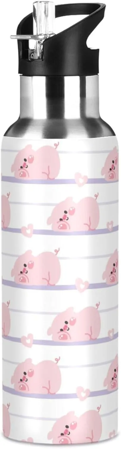 Cute Pig Heart Water Bottle with Straw Lid Double Wall Farm Animal Thermos Bottle Vacuum Insulated Flask Stainless Steel Water Bottle for Gym Outdoor 20 OZ