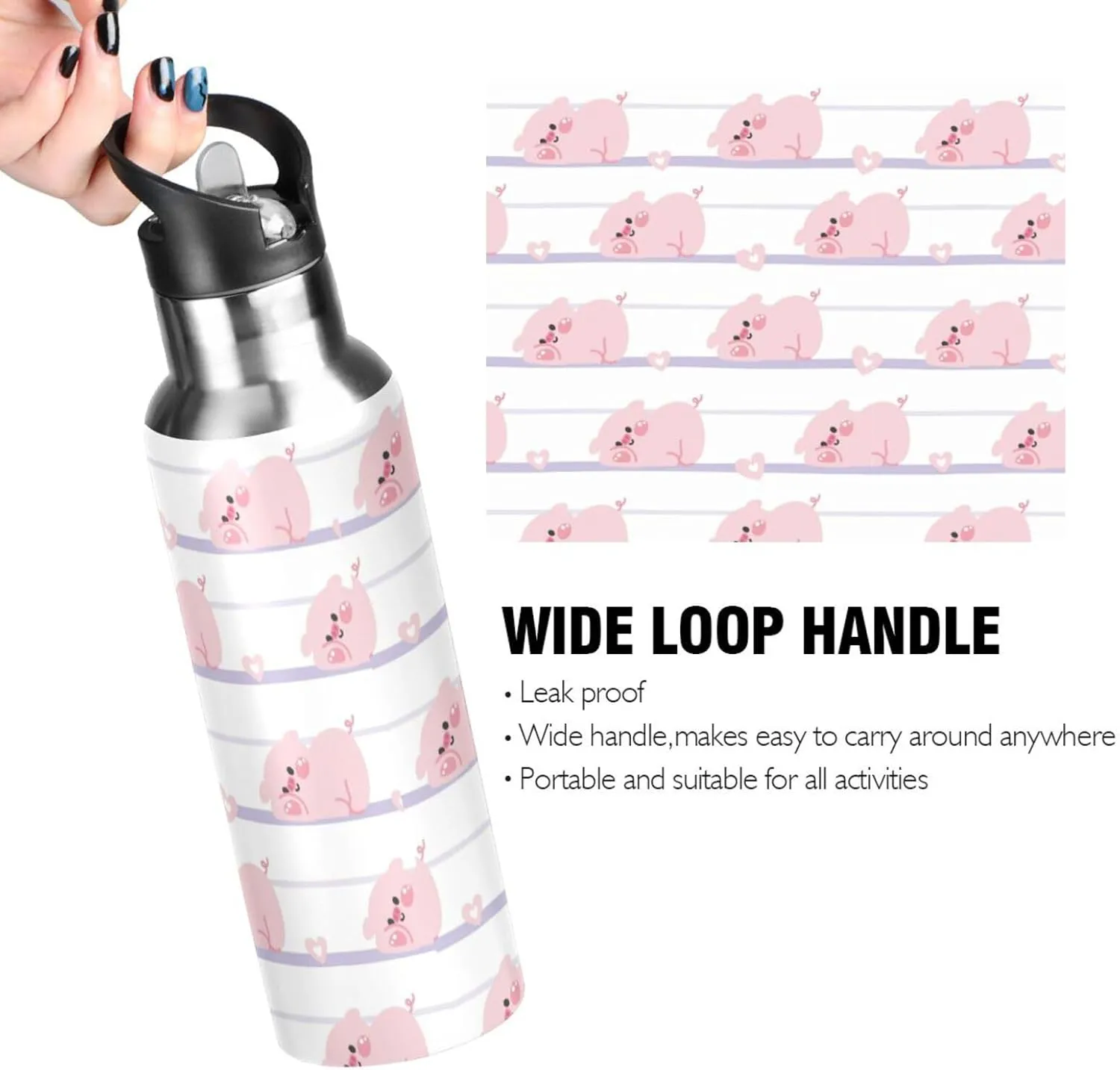 Cute Pig Heart Water Bottle with Straw Lid Double Wall Farm Animal Thermos Bottle Vacuum Insulated Flask Stainless Steel Water Bottle for Gym Outdoor 20 OZ