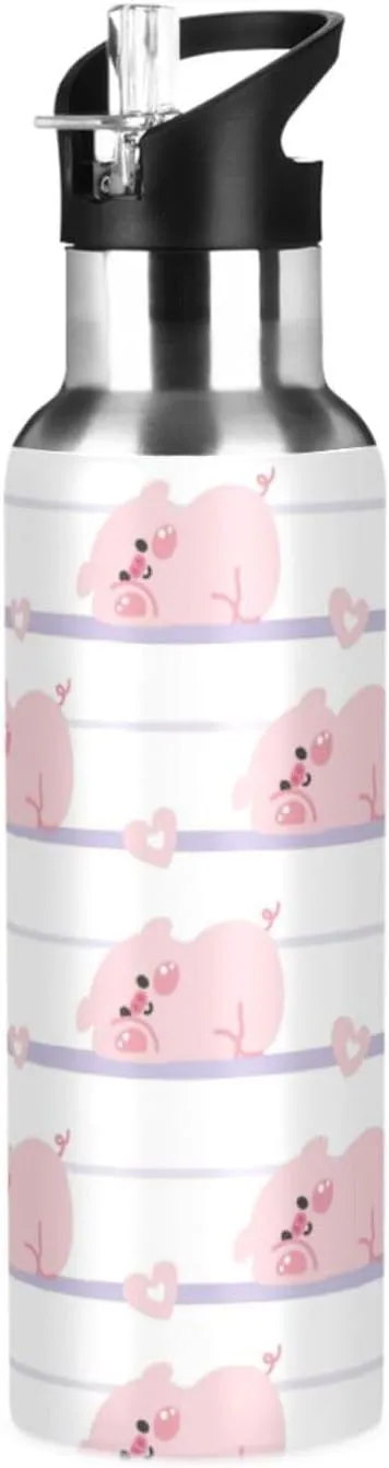 Cute Pig Heart Water Bottle with Straw Lid Double Wall Farm Animal Thermos Bottle Vacuum Insulated Flask Stainless Steel Water Bottle for Gym Outdoor 20 OZ