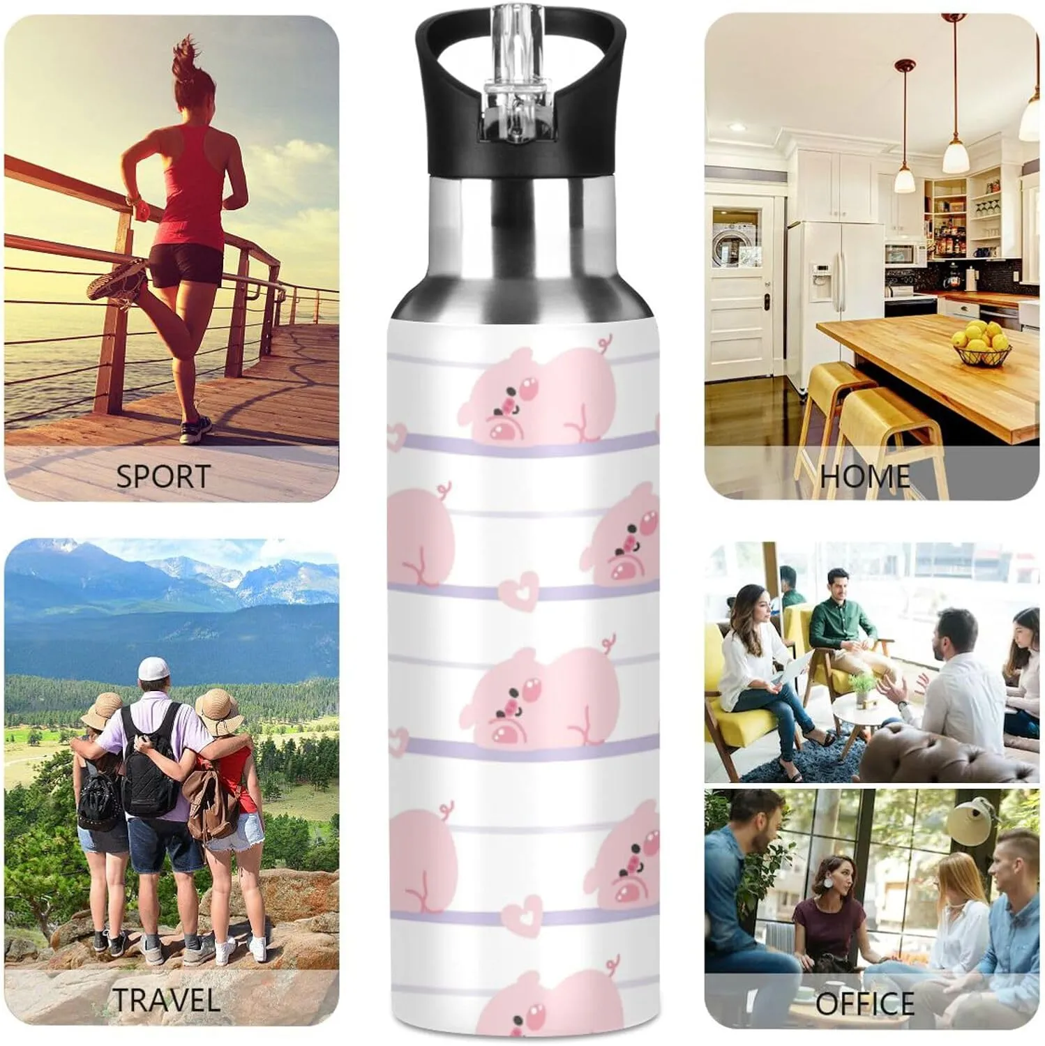 Cute Pig Heart Water Bottle with Straw Lid Double Wall Farm Animal Thermos Bottle Vacuum Insulated Flask Stainless Steel Water Bottle for Gym Outdoor 20 OZ