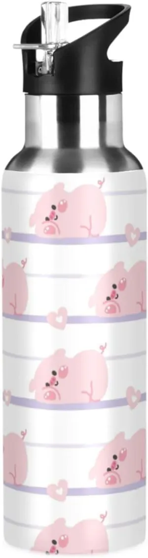 Cute Pig Heart Water Bottle with Straw Lid Double Wall Farm Animal Thermos Bottle Vacuum Insulated Flask Stainless Steel Water Bottle for Gym Outdoor 20 OZ