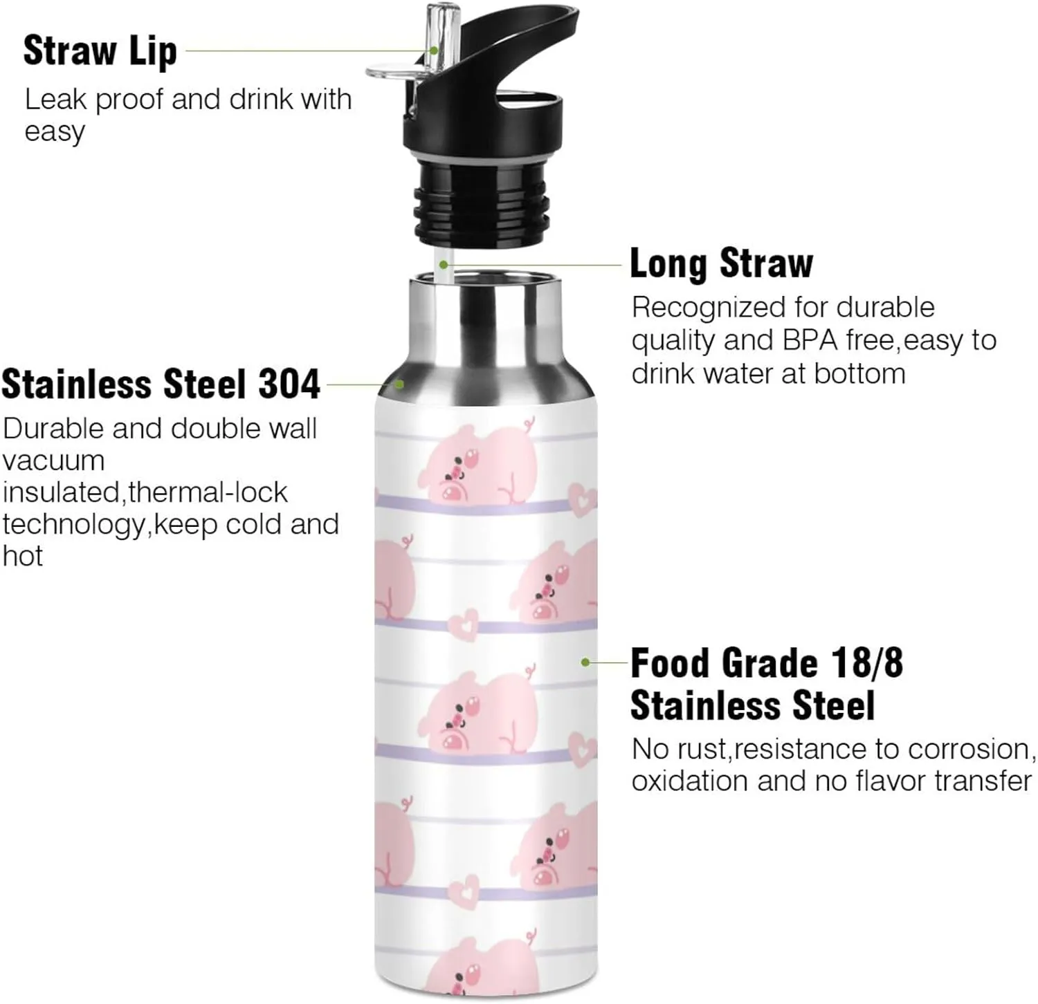 Cute Pig Heart Water Bottle with Straw Lid Double Wall Farm Animal Thermos Bottle Vacuum Insulated Flask Stainless Steel Water Bottle for Gym Outdoor 20 OZ