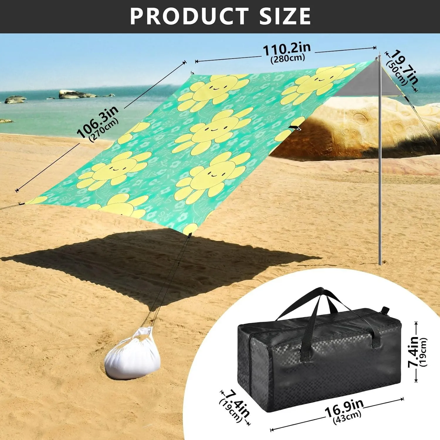 Cute Yellow Daisies Turquoise Canopy Tent Beach Outdoor Patio Shade Cute Outside Camping Sun Shelter Yard Windproof with Anchor Poles Easy up 9.2 × 10.5 FT