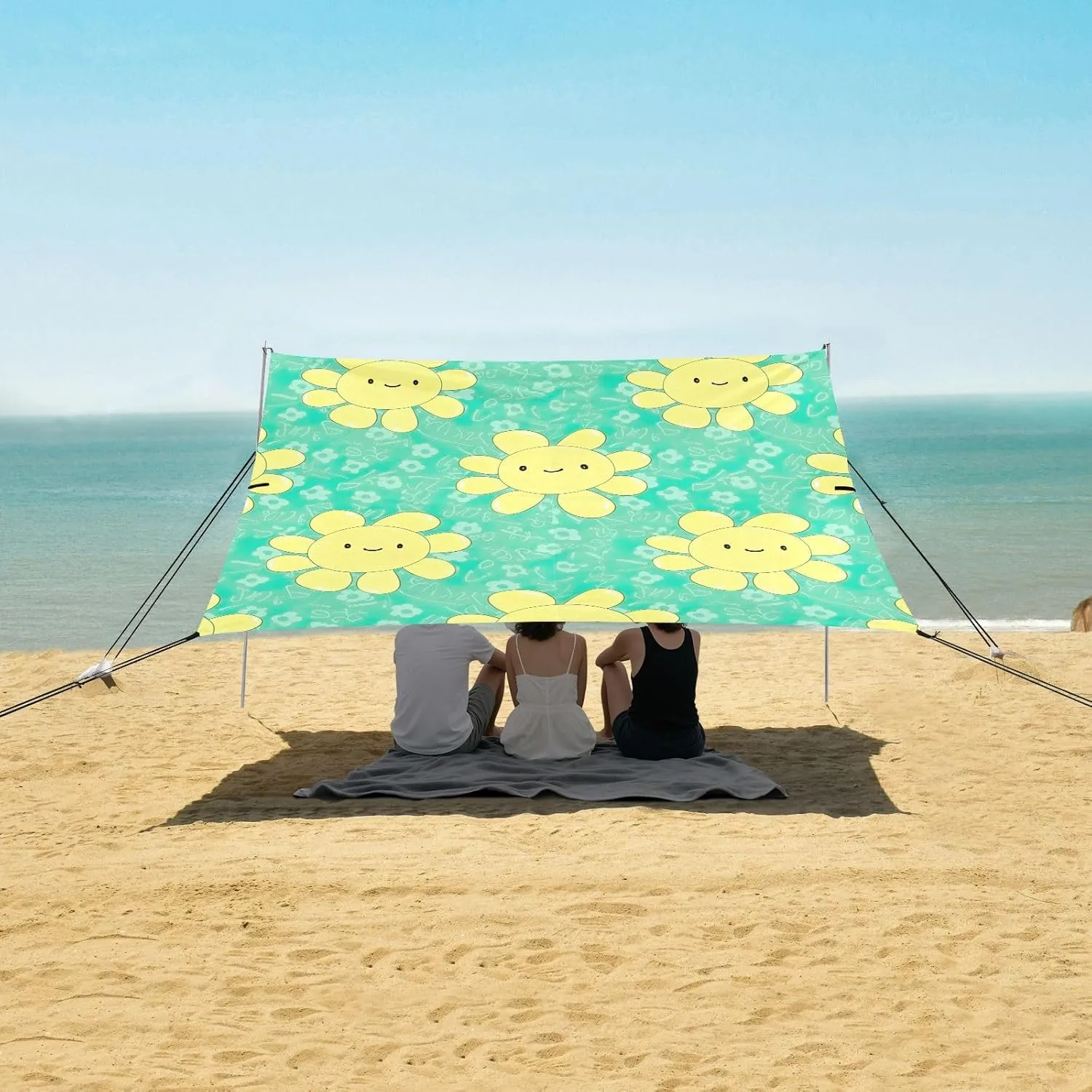 Cute Yellow Daisies Turquoise Canopy Tent Beach Outdoor Patio Shade Cute Outside Camping Sun Shelter Yard Windproof with Anchor Poles Easy up 9.2 × 10.5 FT
