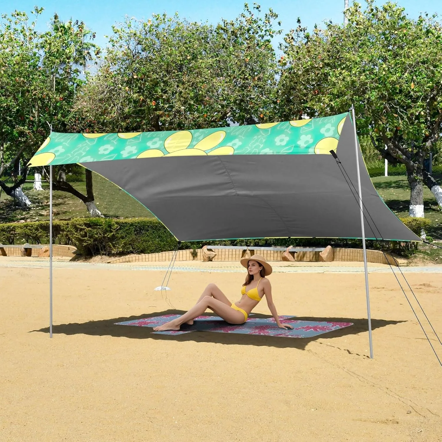 Cute Yellow Daisies Turquoise Canopy Tent Beach Outdoor Patio Shade Cute Outside Camping Sun Shelter Yard Windproof with Anchor Poles Easy up 9.2 × 10.5 FT