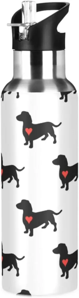 Dachshund Dog Water Bottle with Straw Lid Double Wall Red Heart Cute Thermos Bottle Vacuum Insulated Flask Stainless Steel Water Bottle for Gym Outdoor 35 OZ