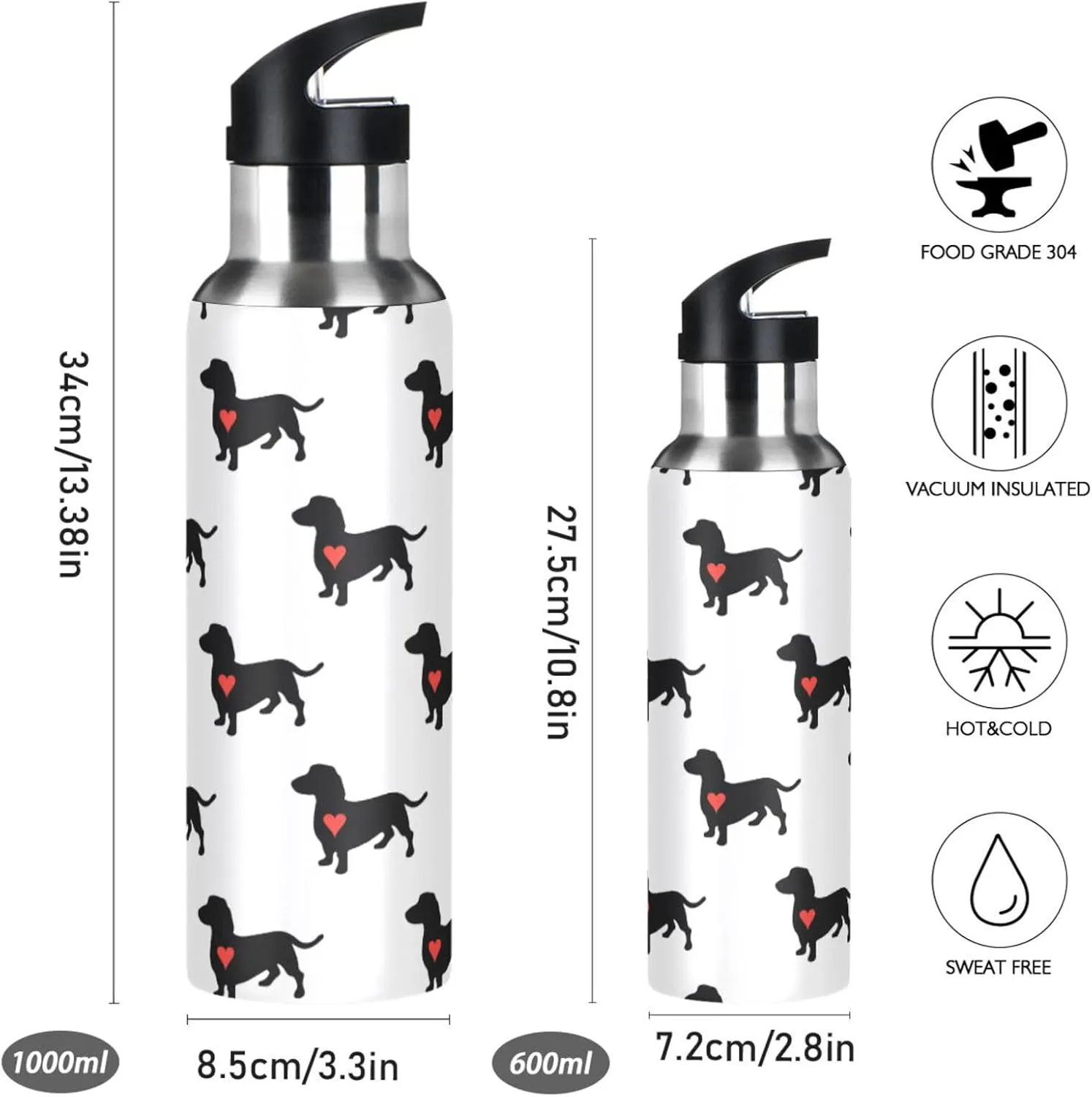 Dachshund Dog Water Bottle with Straw Lid Double Wall Red Heart Cute Thermos Bottle Vacuum Insulated Flask Stainless Steel Water Bottle for Gym Outdoor 35 OZ
