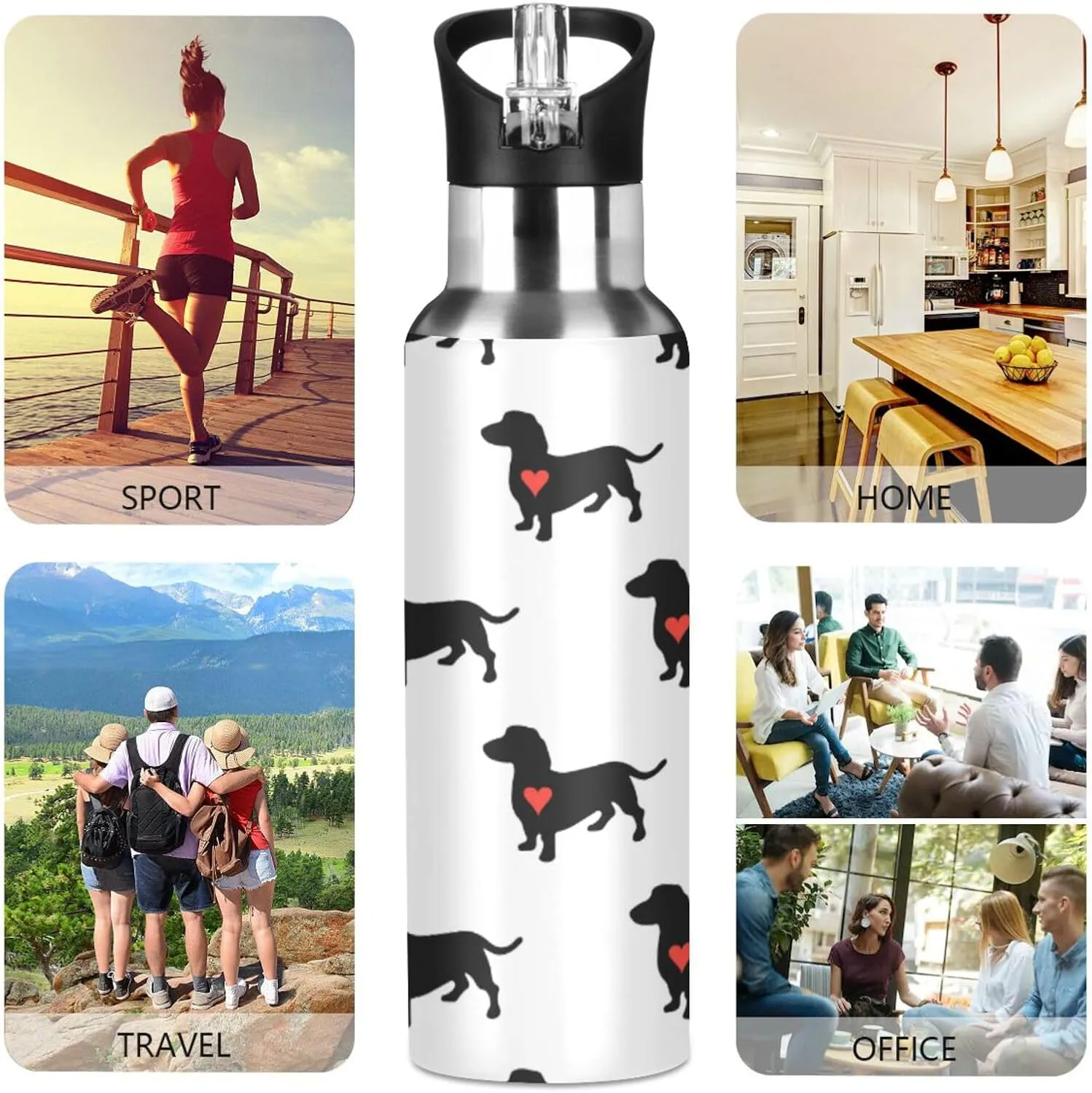 Dachshund Dog Water Bottle with Straw Lid Double Wall Red Heart Cute Thermos Bottle Vacuum Insulated Flask Stainless Steel Water Bottle for Gym Outdoor 35 OZ