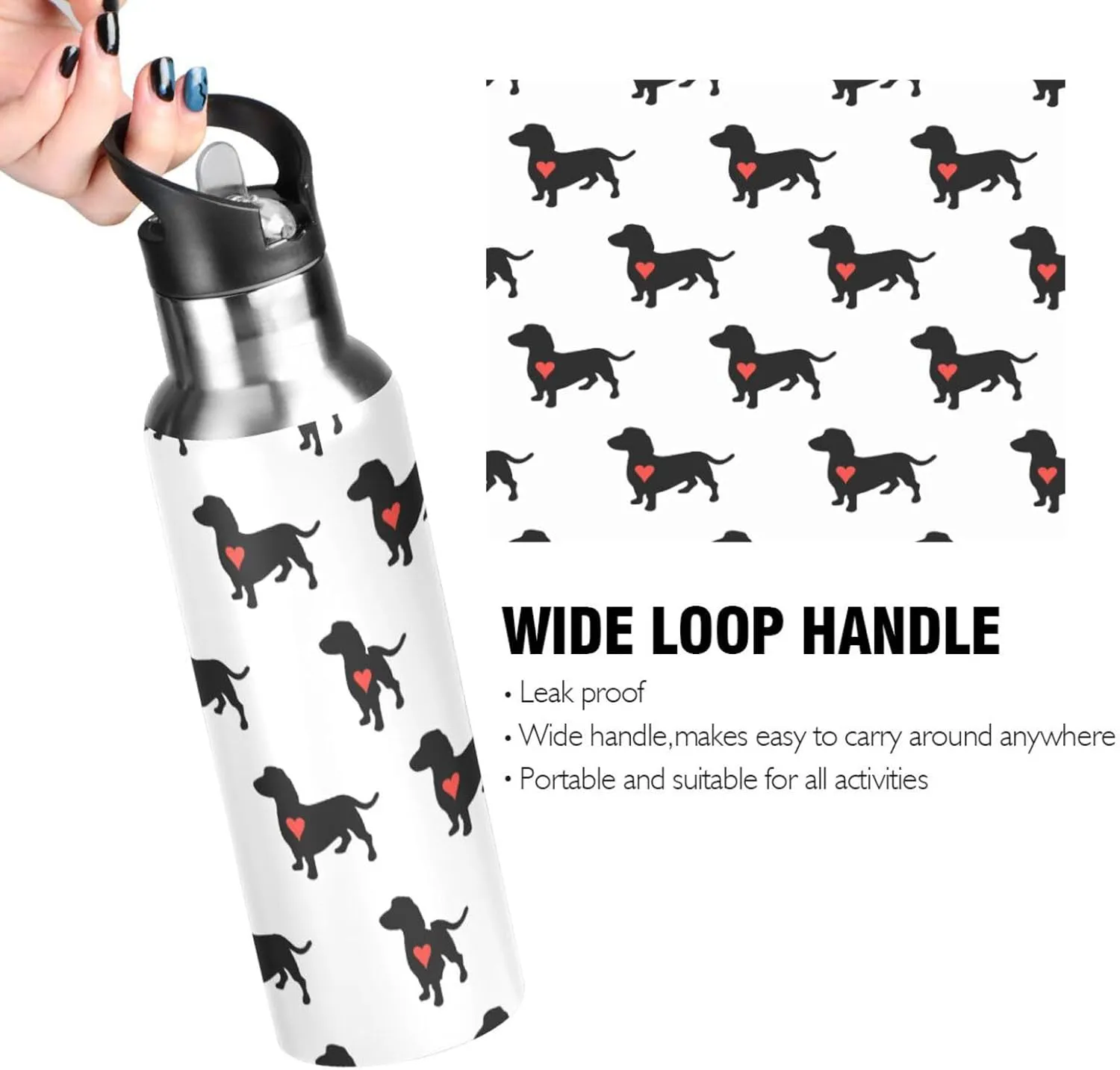 Dachshund Dog Water Bottle with Straw Lid Double Wall Red Heart Cute Thermos Bottle Vacuum Insulated Flask Stainless Steel Water Bottle for Gym Outdoor 35 OZ