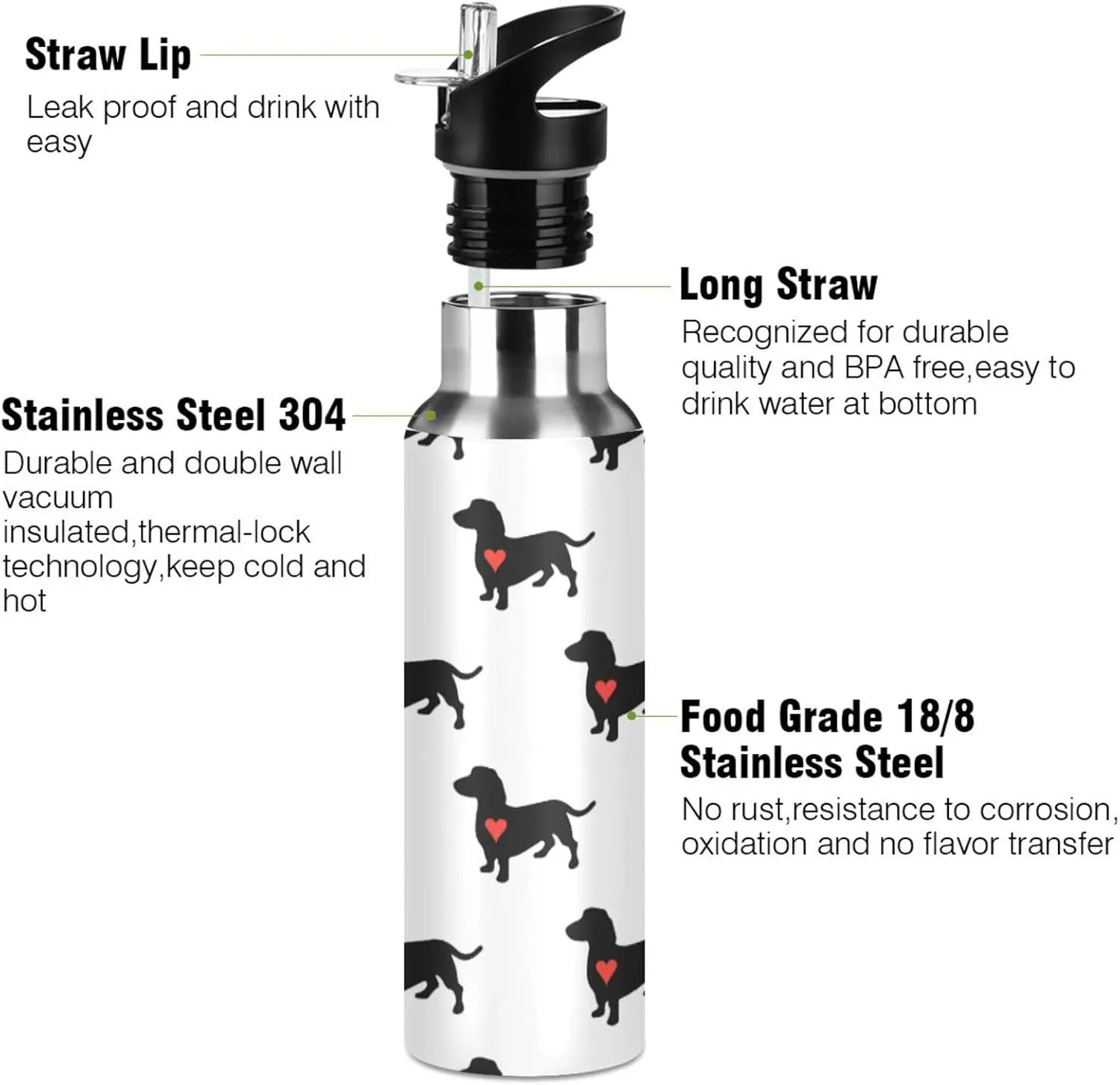 Dachshund Dog Water Bottle with Straw Lid Double Wall Red Heart Cute Thermos Bottle Vacuum Insulated Flask Stainless Steel Water Bottle for Gym Outdoor 35 OZ