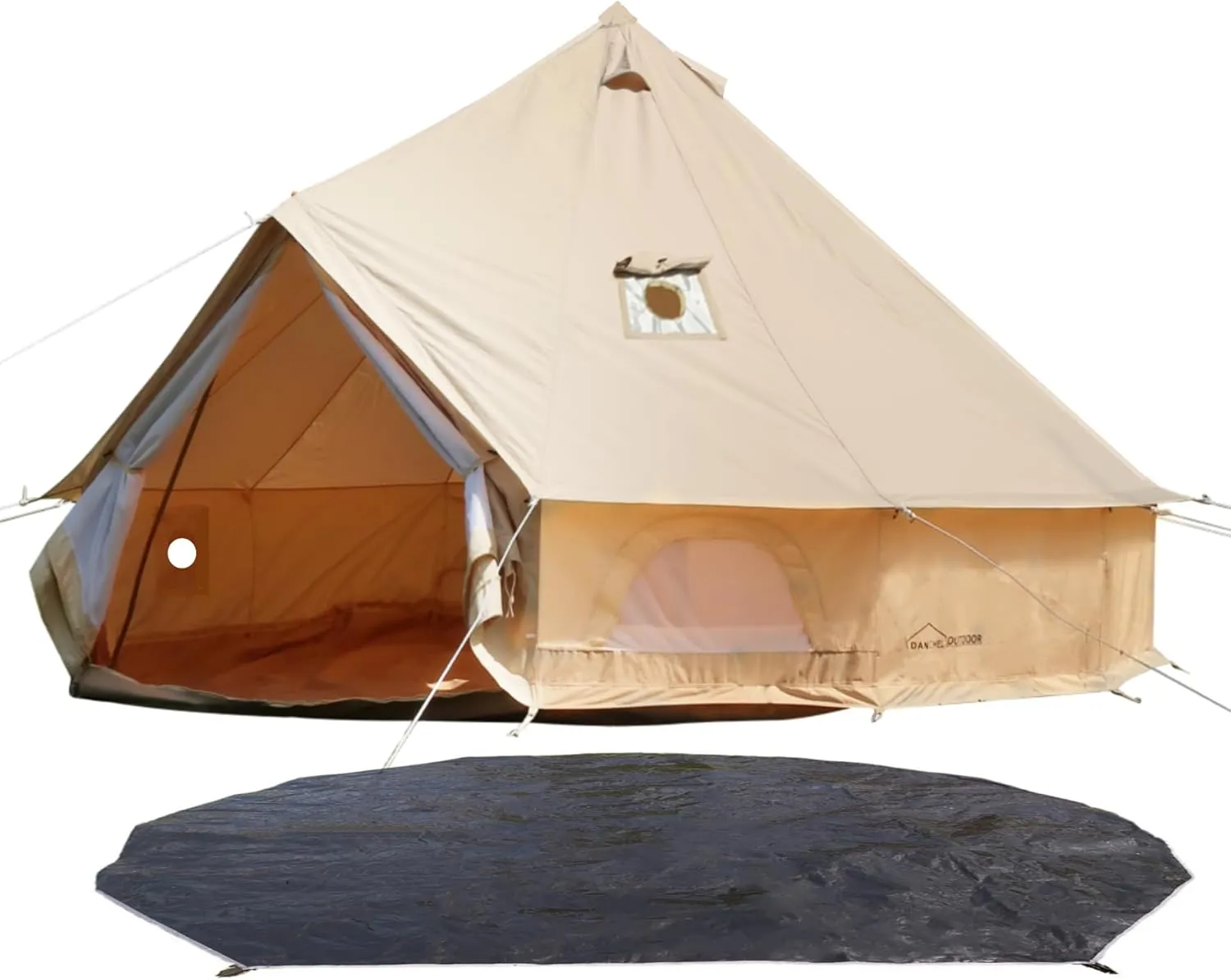 DANCHEL OUTDOOR Waterproof Canvas Bell Tent with Tent Footprint Tarp for 4 Person Camping Yurts All Year Living,4m/13ft Khaki