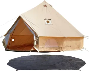 DANCHEL OUTDOOR Waterproof Canvas Bell Tent with Tent Footprint Tarp for 4 Person Camping Yurts All Year Living,4m/13ft Khaki