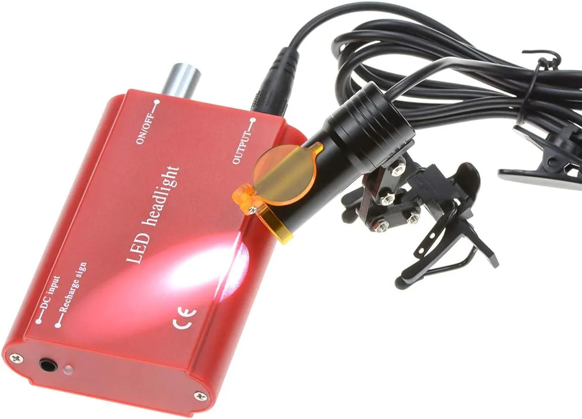Dental Protable LED Head Light Lamp for Dental Surgical Medical Binocular Loupe Metal Clip with Plastic Body for Fast Heat Dissipation (Red)