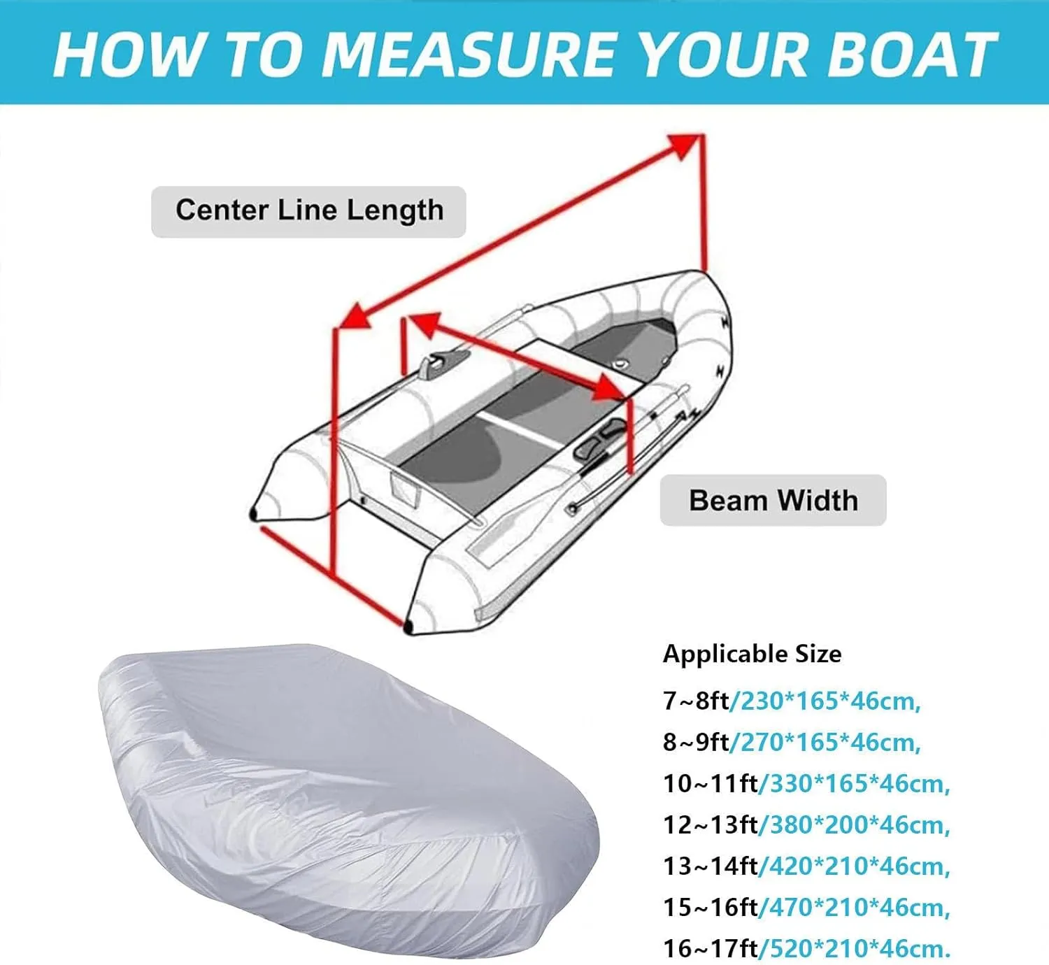 Dinghy Boat Cover 7 Sizes Inflatable Boat Cover Waterproof Anti-UV Boat Tarp for Small Inflatable and Rigid Inflatable Boats,230 * 165 * 46cm