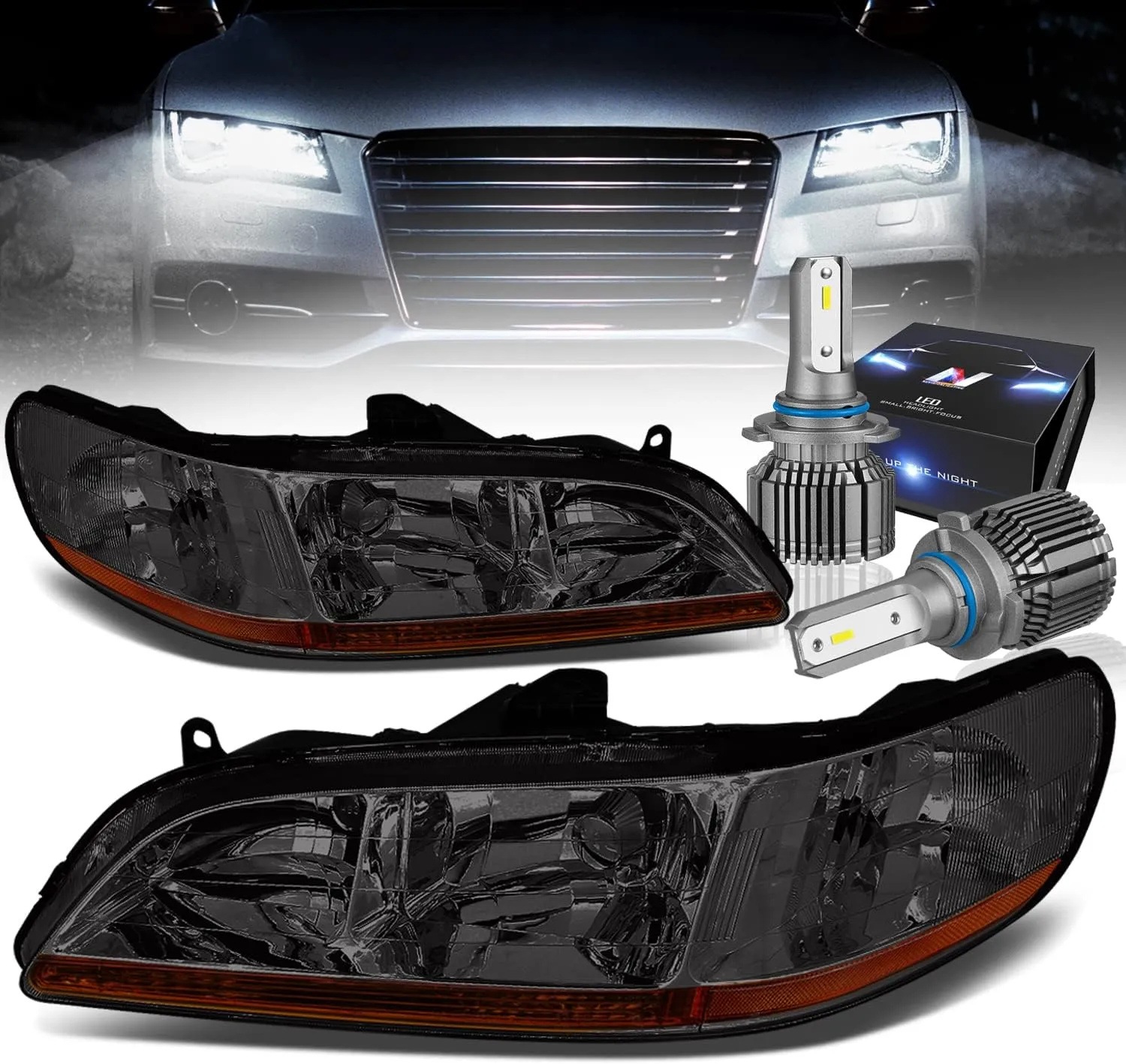 DNA MOTORING HL-OH-HA98-SM-AB-CFS-9006 Smoked Lens Amber Reflector Headlights Compatible with 98-02 Accord With Pair 9006 HB4 Bulbs 10000 Lumens 60W Slim LED Bulbs