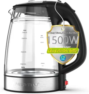 Double Glass Stainless Steel Cordless Electric kettle for boiling water, Hot water boiler Electric Tea Kettle automatic shut off Boil-Dry Protection Anti-Scald 1.7L 1500W, Black
