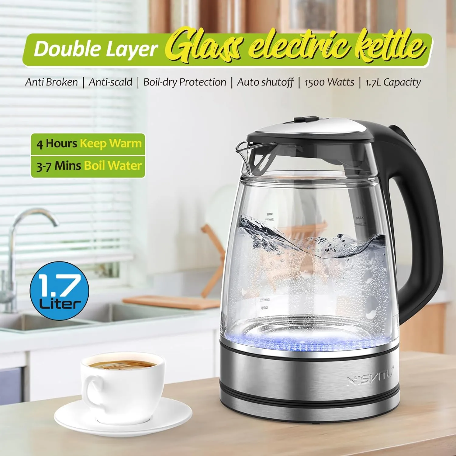 Double Glass Stainless Steel Cordless Electric kettle for boiling water, Hot water boiler Electric Tea Kettle automatic shut off Boil-Dry Protection Anti-Scald 1.7L 1500W, Black