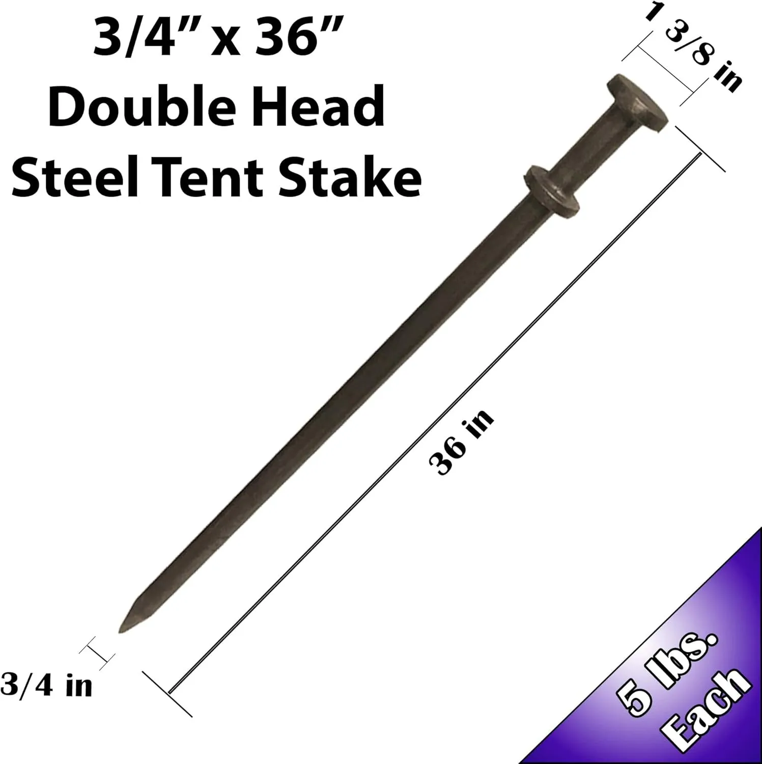 Double Head Tent Stakes - Heavy Duty Steel Tent Stakes, Versatile Ground Spikes to Anchor Commercial Inflatables, Party Tents, and Outdoor Camping Shelters, 3/4 x 36 Inch, 4-Pack