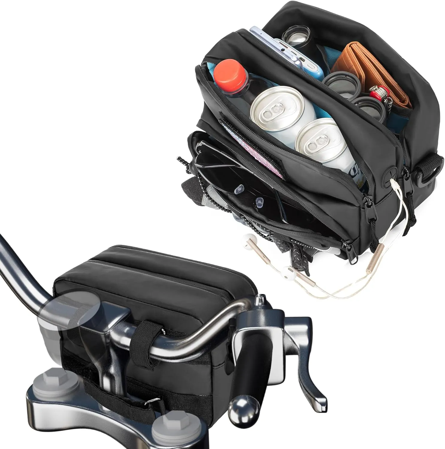 Double-Layer Motorcycle Handlebar Bag, Waterproof Bicycle w/ USB Charge Hole & Shoulder Strap, Motorbike Storage Accessory Pouch for Cruiser Softail Dyna Sportsters (HD03301)