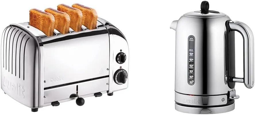 Dualit Classic NewGen Toaster, 4-Slice, Chrome & Classic Kettle - Polished Stainless Steel with Black trim- Quiet boiling kettle - 90 Second Boil Time - 1.7L Capacity, 1.5kW