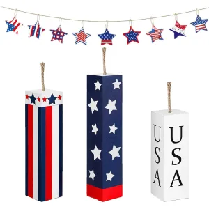 DWEARTY 4th of July Decorations - 3pcs Home Decorations and 10pcs Independence Day Tree Decorations - Patriotic Centerpieces for Tables - Red White Blue Tiered Tray Decorations - Memorial Day Decor