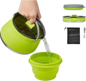 EEZEE 1L Collapsible Camping Kettle Portable Travel Kettle Folding Silicone Camping Cook Pot Foldable Compact Hiking Water Boiler and Warmer with Lid BPA-Free Backpacking Pot