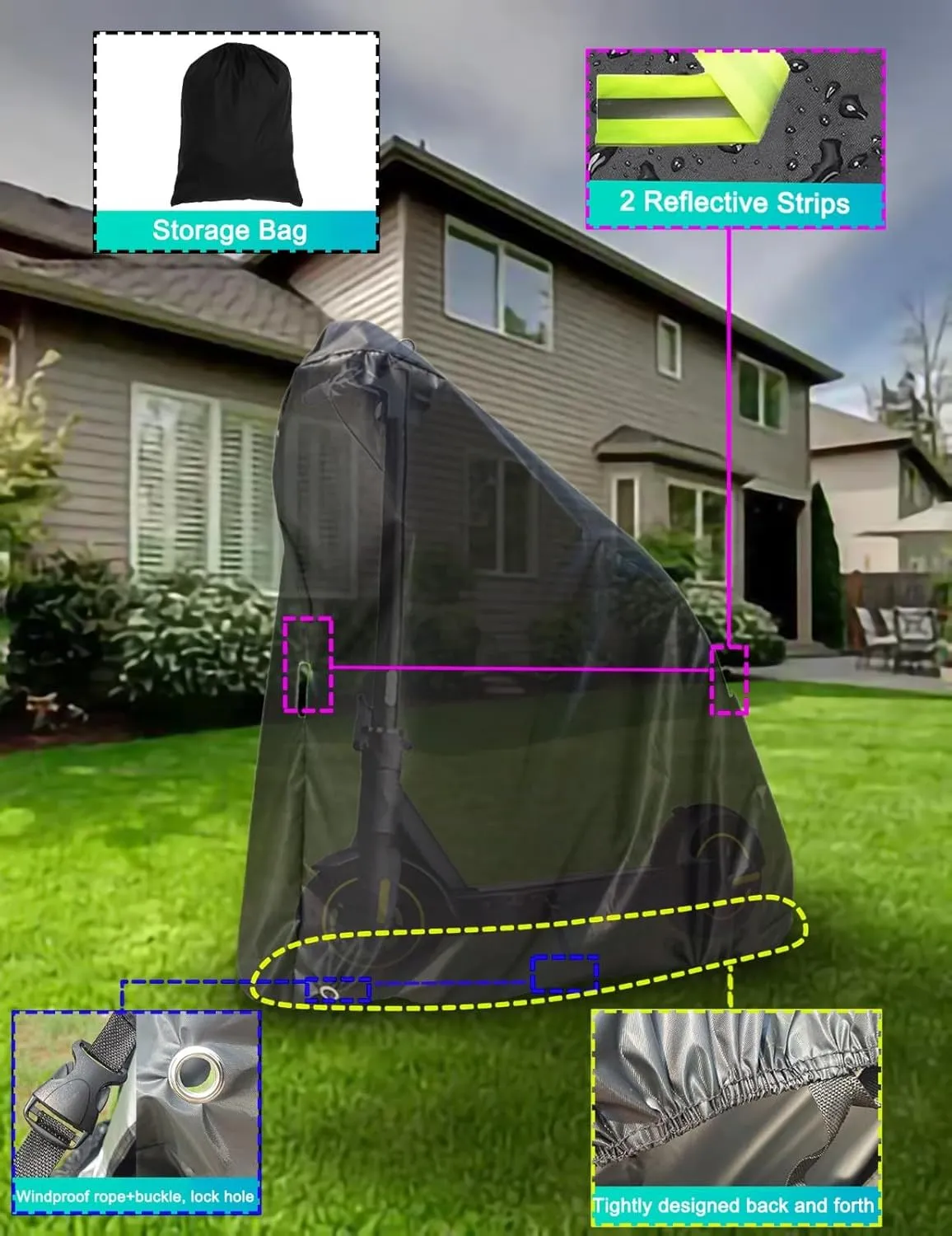 Electric Scooter Cover, All Season Universal Scooter Cover, Waterproof Sun, Tear Proof Night Reflective and Lock-Holes&Storage Bag for with Seat or Without Foldable Kick Scooter