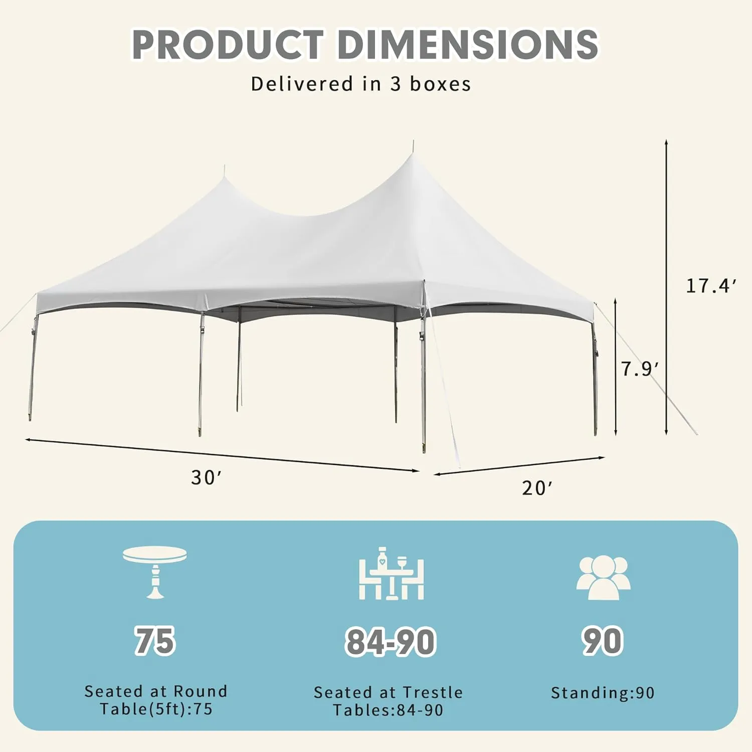 EROMMY 20x30ft Heavy Duty PVC Fire Retardant Party Tent, Commercial Grade Outdoor Canopy with Peaked Roof for Weddings, Events & Receptions, White, 100 Person Capacity