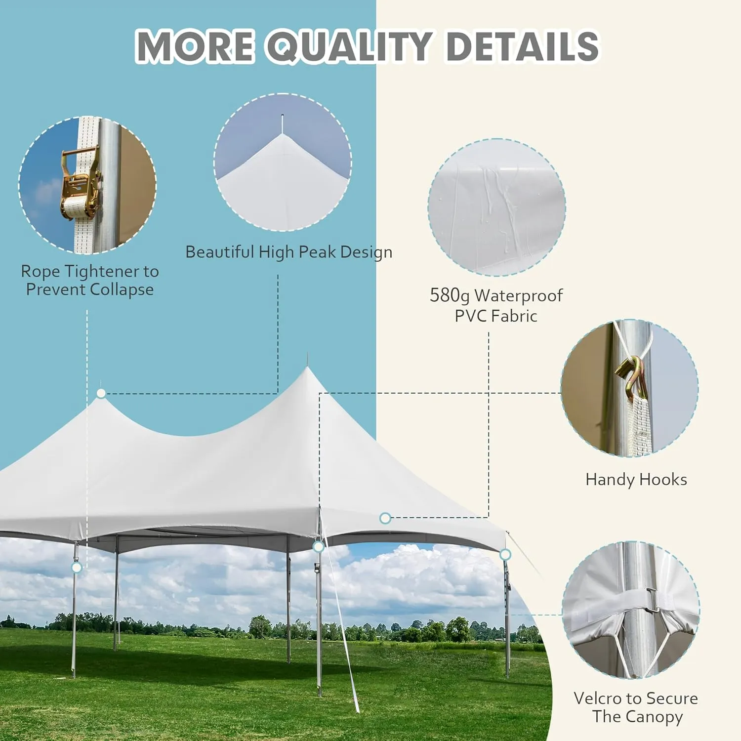 EROMMY 20x30ft Heavy Duty PVC Fire Retardant Party Tent, Commercial Grade Outdoor Canopy with Peaked Roof for Weddings, Events & Receptions, White, 100 Person Capacity