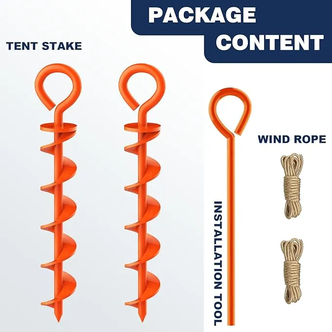 Eurmax USA Canopy Tent Stakes Dog Tie Out Stakes Corkscrew Shape Steel Trampoline Stakes with Iron Rod Installation Tool & 2 Wind Ropes - Set of 2 (Orange)