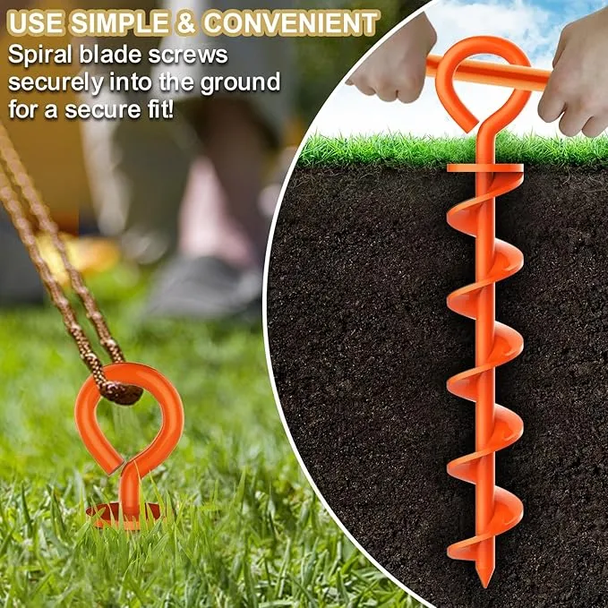 Eurmax USA Canopy Tent Stakes Dog Tie Out Stakes Corkscrew Shape Steel Trampoline Stakes with Iron Rod Installation Tool & 2 Wind Ropes - Set of 2 (Orange)