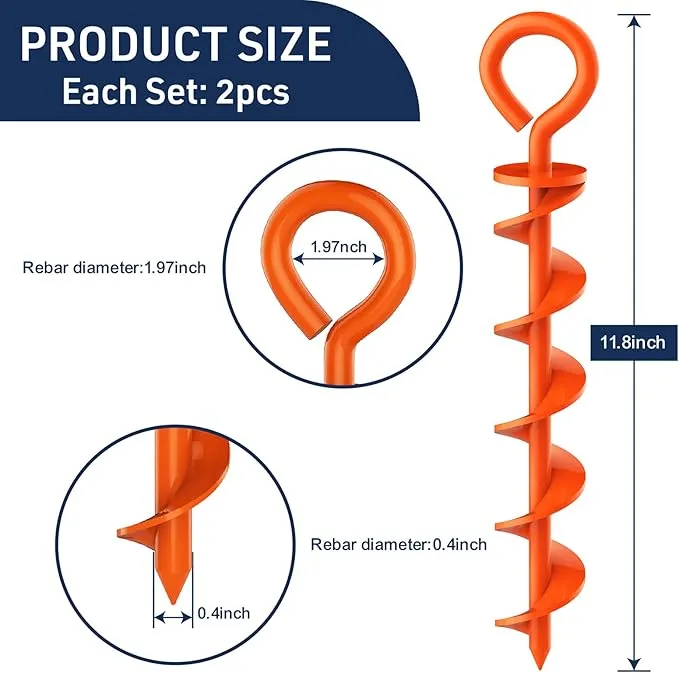 Eurmax USA Canopy Tent Stakes Dog Tie Out Stakes Corkscrew Shape Steel Trampoline Stakes with Iron Rod Installation Tool & 2 Wind Ropes - Set of 2 (Orange)