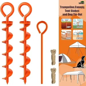 Eurmax USA Canopy Tent Stakes Dog Tie Out Stakes Corkscrew Shape Steel Trampoline Stakes with Iron Rod Installation Tool & 2 Wind Ropes - Set of 2 (Orange)