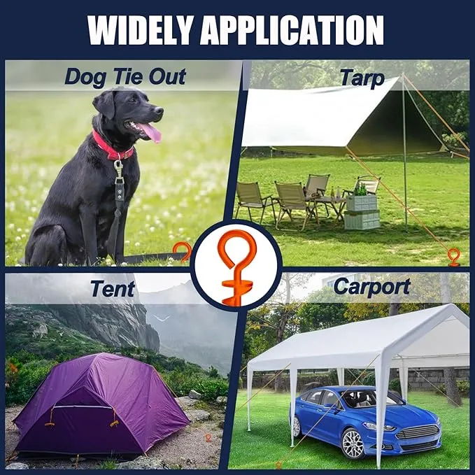 Eurmax USA Canopy Tent Stakes Dog Tie Out Stakes Corkscrew Shape Steel Trampoline Stakes with Iron Rod Installation Tool & 2 Wind Ropes - Set of 2 (Orange)