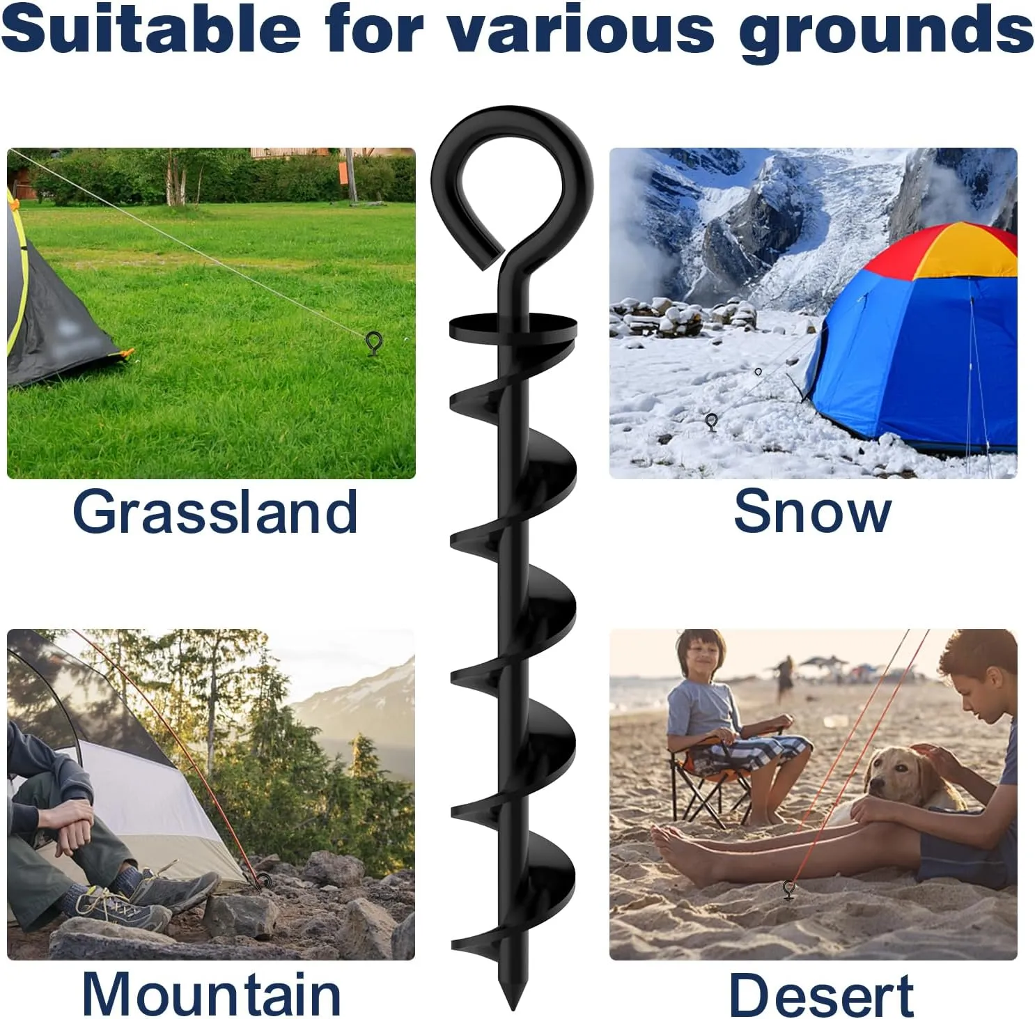 Eurmax USA Canopy Tent Stakes Dog Tie Out Stakes Corkscrew Shape Steel Trampoline Stakes with Iron Rod Installation Tool & 4 Wind Ropes - Set of 4 (Black)