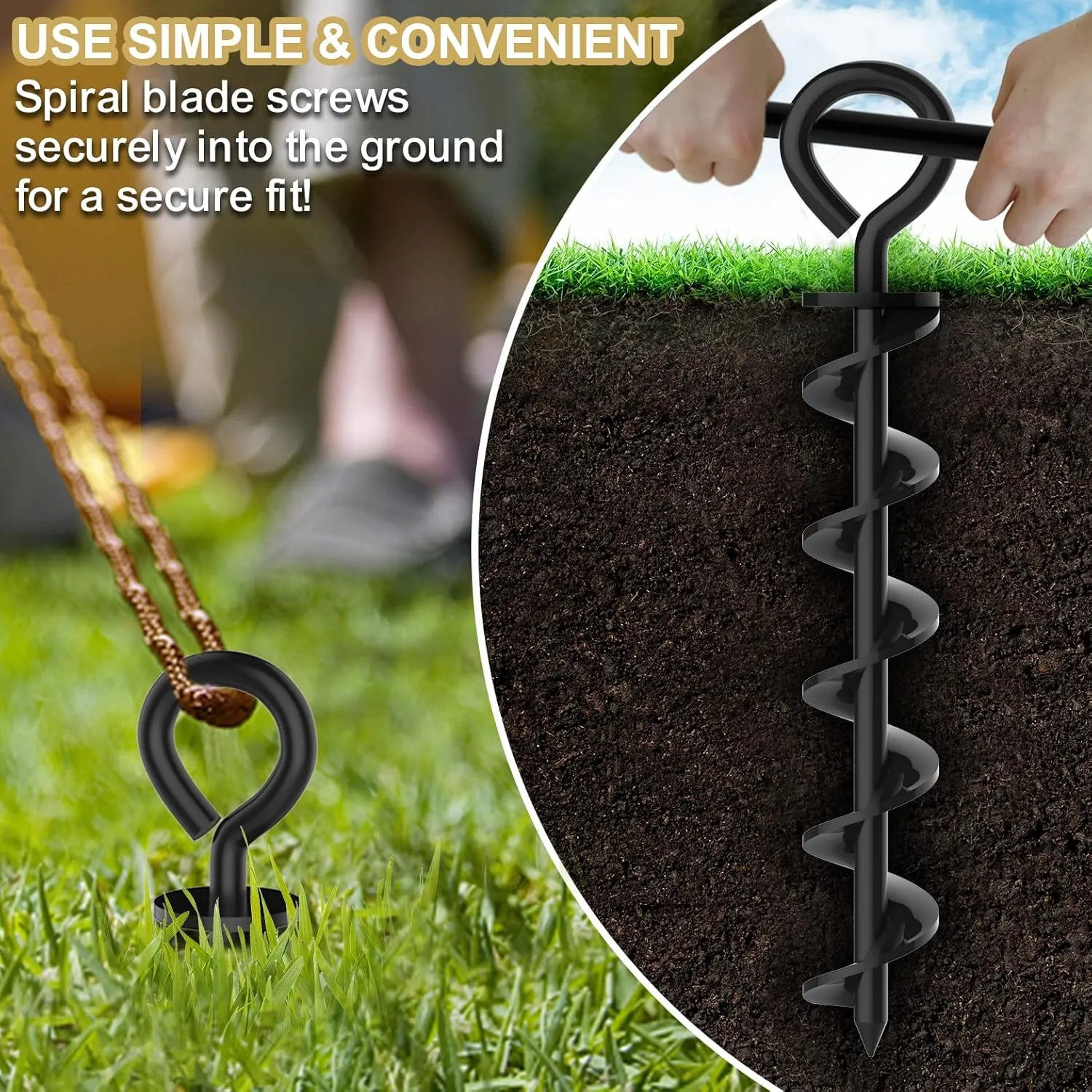 Eurmax USA Canopy Tent Stakes Dog Tie Out Stakes Corkscrew Shape Steel Trampoline Stakes with Iron Rod Installation Tool & 4 Wind Ropes - Set of 4 (Black)