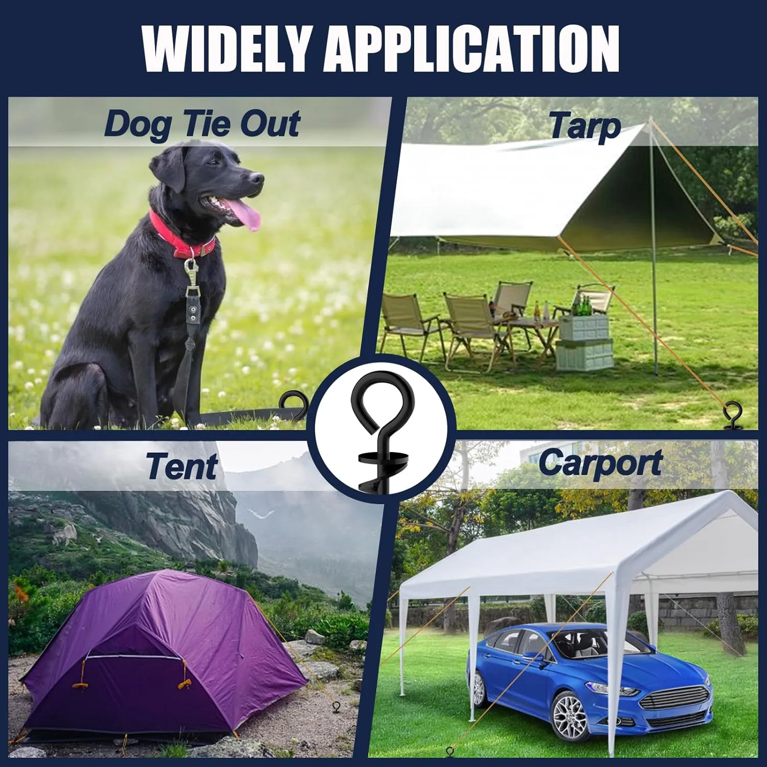 Eurmax USA Canopy Tent Stakes Dog Tie Out Stakes Corkscrew Shape Steel Trampoline Stakes with Iron Rod Installation Tool & 4 Wind Ropes - Set of 4 (Black)