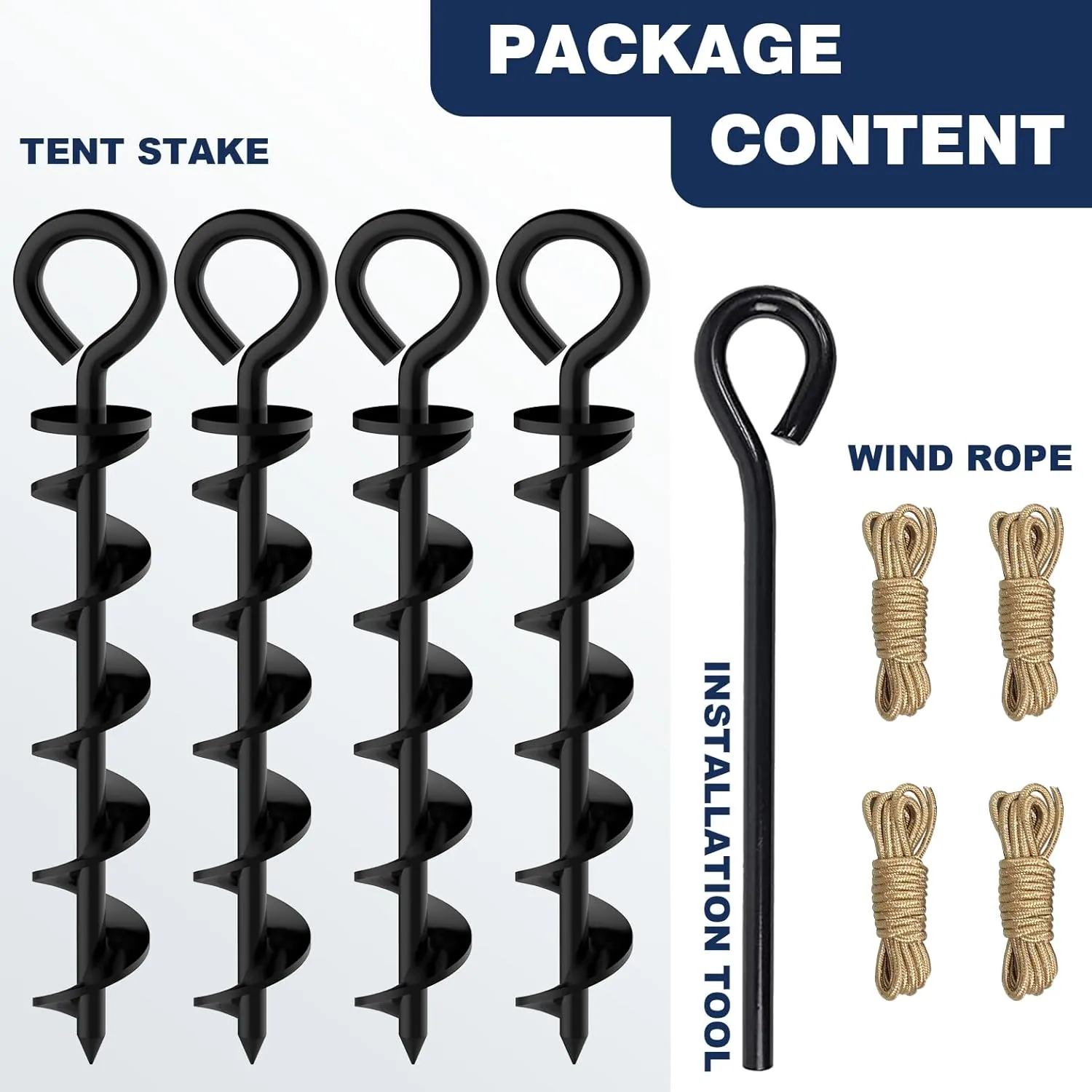 Eurmax USA Canopy Tent Stakes Dog Tie Out Stakes Corkscrew Shape Steel Trampoline Stakes with Iron Rod Installation Tool & 4 Wind Ropes - Set of 4 (Black)