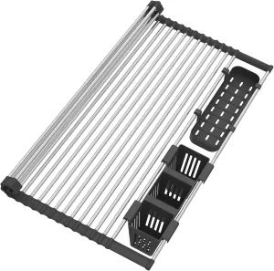 Extra Large Black Expandable Roll Up Dish Drying Rack Up to 25.1''with 2 Storage Baskets,Over The Sink Kitchen Rolling up Dishes Drainer, Foldable,Rollable