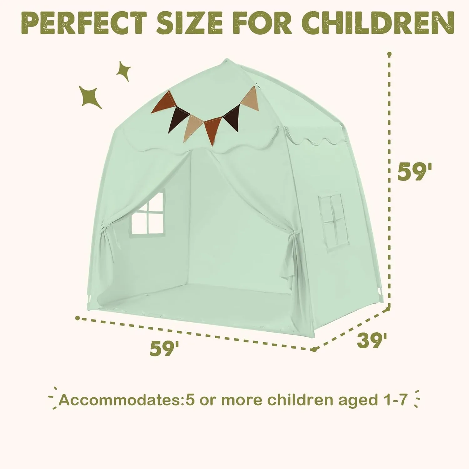 Extra Large Toddler Play Tent & Kids Tent Play Tents with Flags & Star Lights, Portable & Foldable Teepee, Bed Canopy for Boys & Girls, Indoor Outdoor JoyHut Dome Tents Playhouse, 59x39x59 in,Green