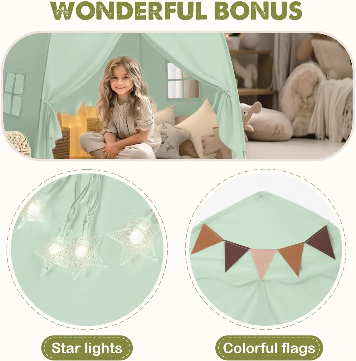 Extra Large Toddler Play Tent & Kids Tent Play Tents with Flags & Star Lights, Portable & Foldable Teepee, Bed Canopy for Boys & Girls, Indoor Outdoor JoyHut Dome Tents Playhouse, 59x39x59 in,Green